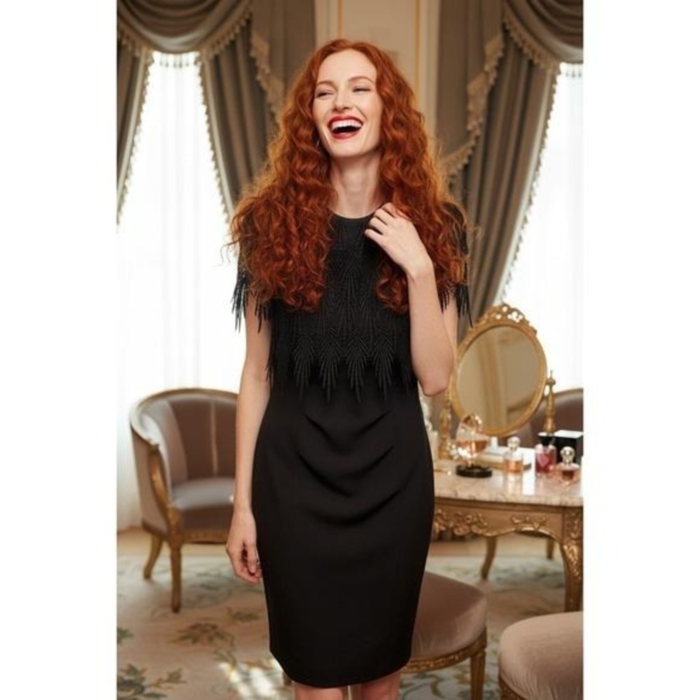 Vintage NightWay Black Cocktail Dress — Art Deco Lace & Fringe Made in USA 1980s